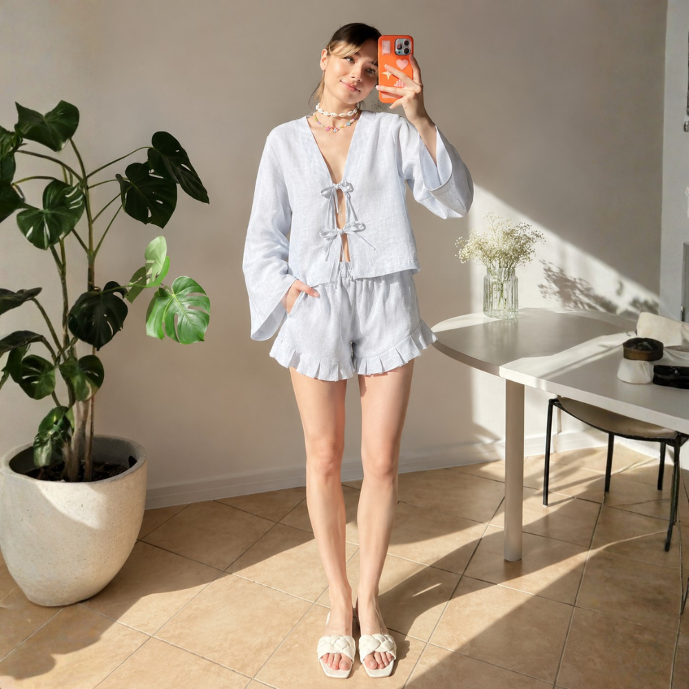 Loose Fit Long Sleeve Top And Flounce Shorts 2 Piece Set For Women