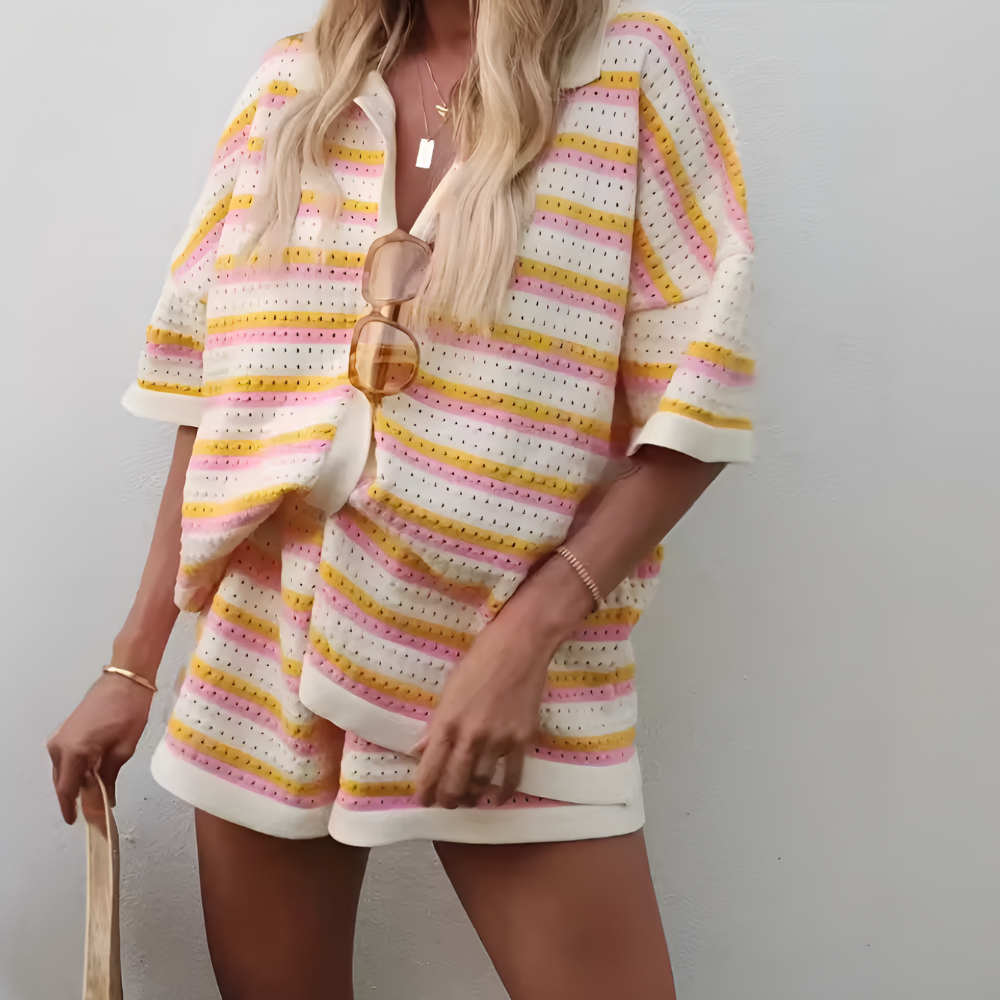 Loose Fit Striped T Shirt And Shorts Matching 2 Piece Set For Women