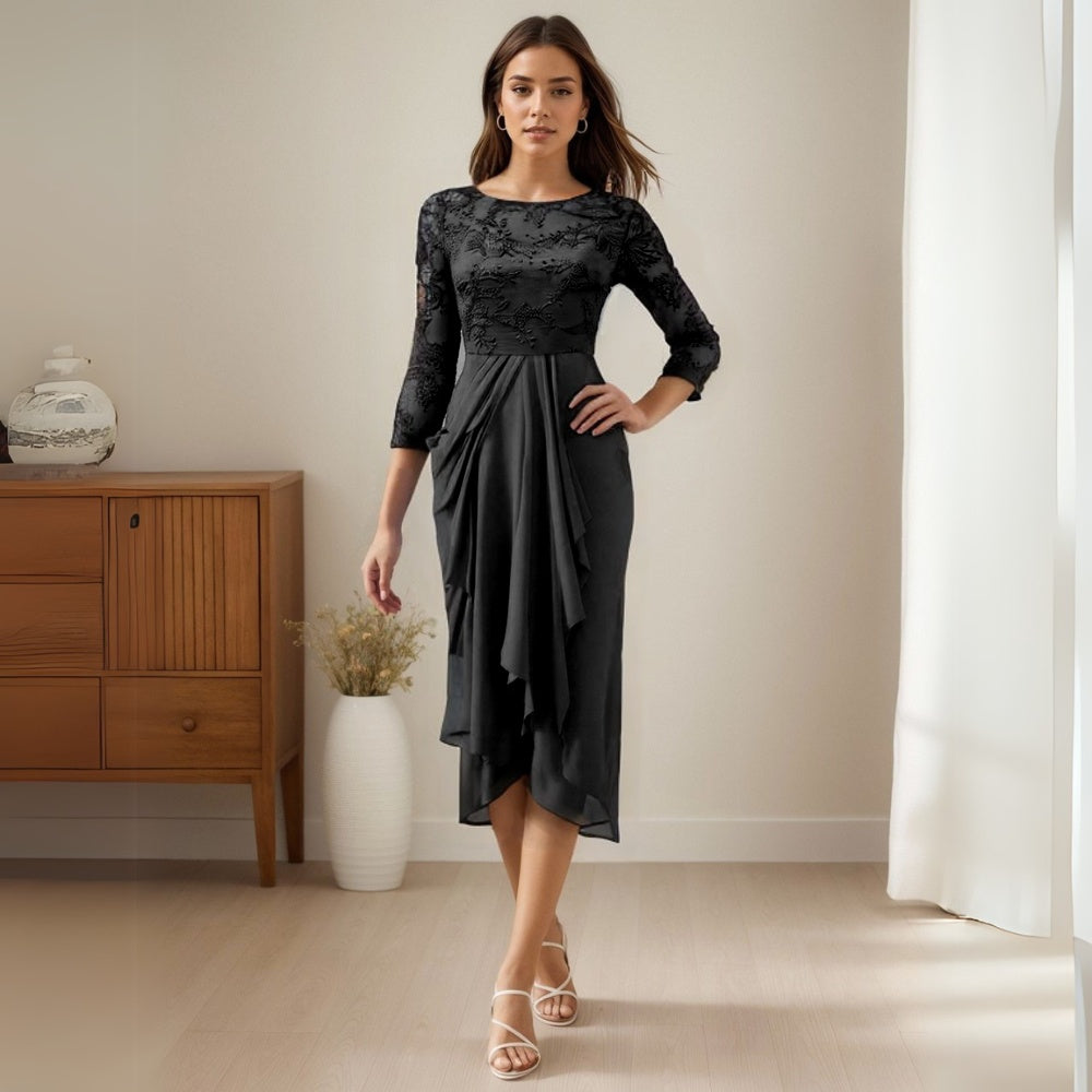 Half Sleeve Chiffon Lace Midi Party Dress-My Comfy Blouse