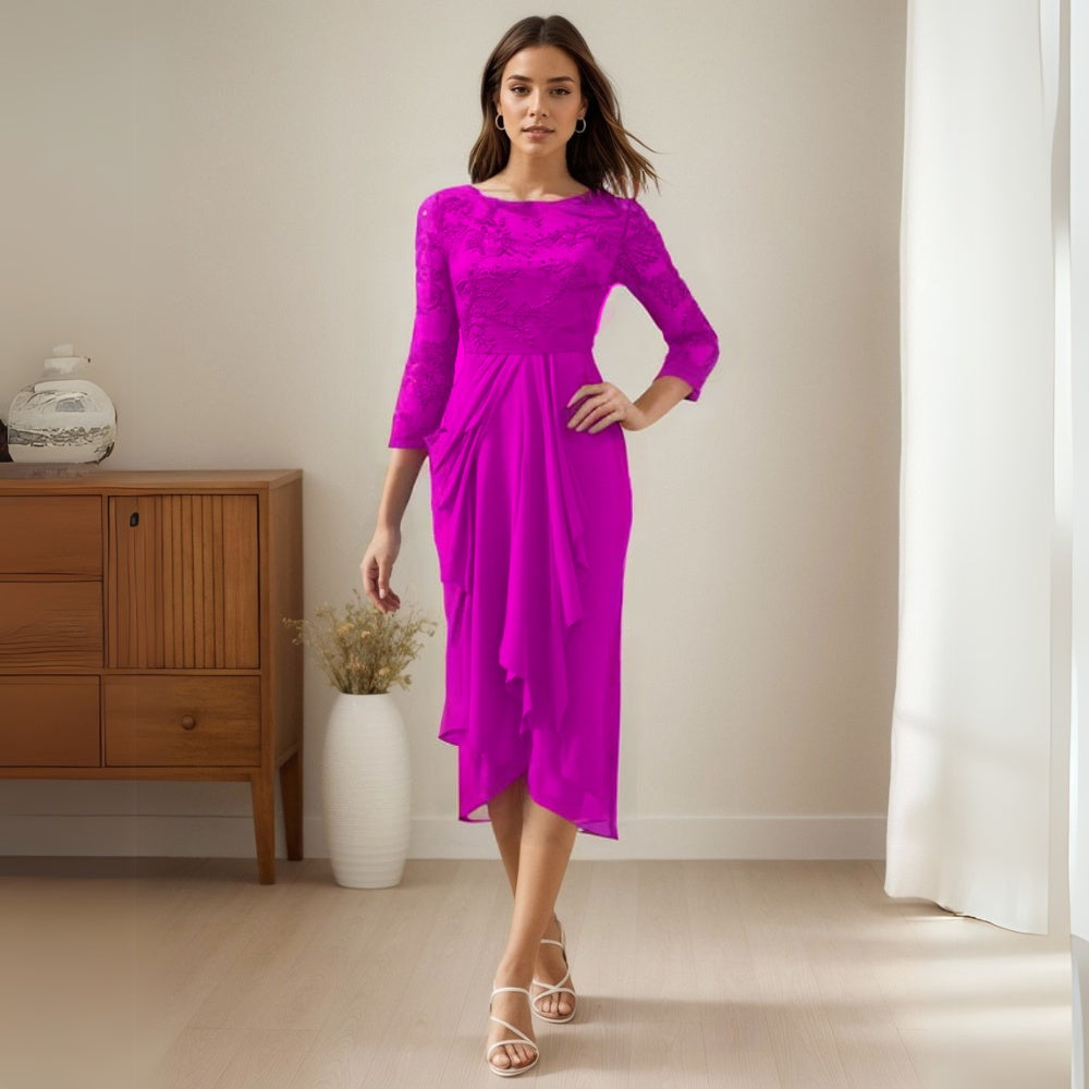 Half Sleeve Chiffon Lace Midi Party Dress-My Comfy Blouse