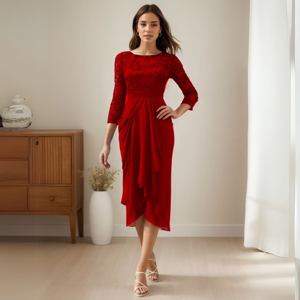 Half Sleeve Chiffon Lace Midi Party Dress-My Comfy Blouse