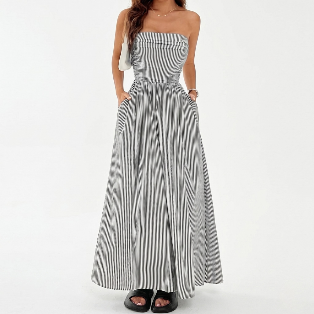 Striped Strapless Maxi Dress With Pockets