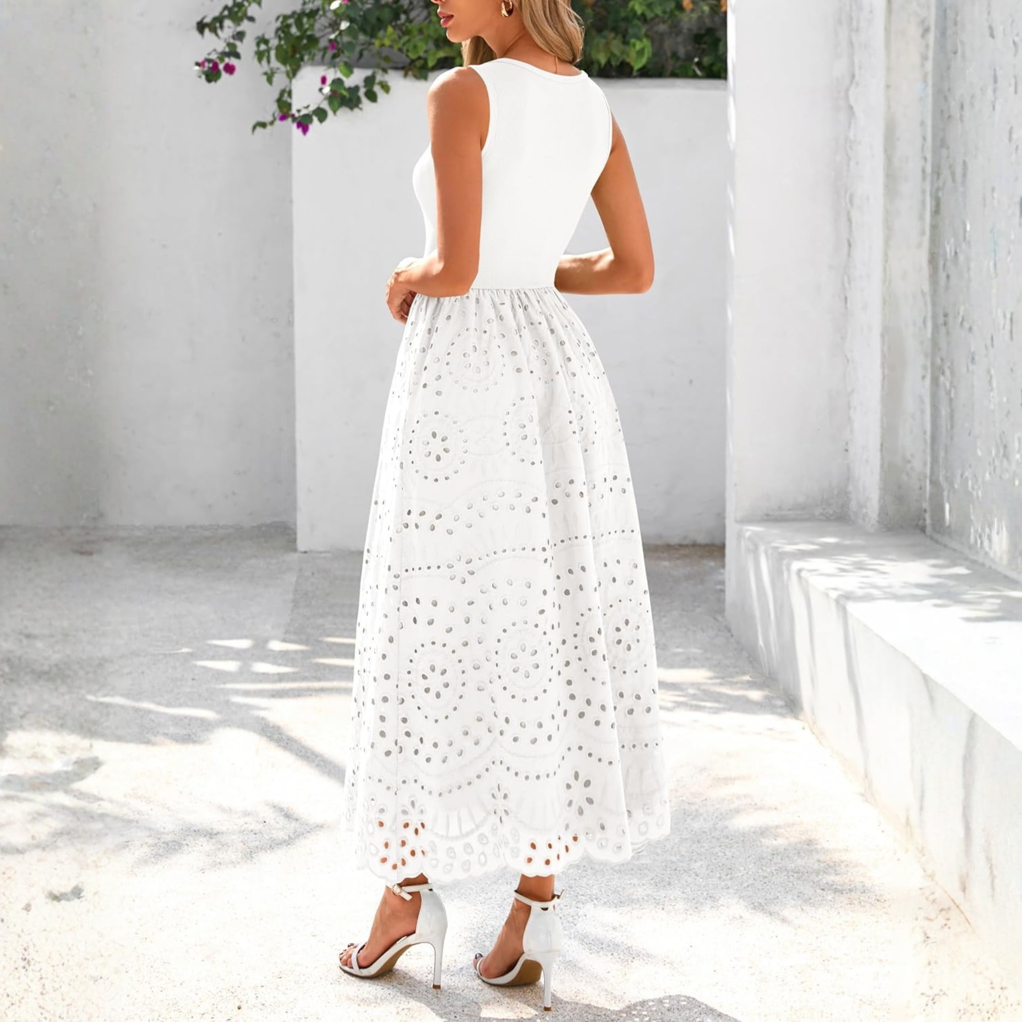 Sleeveless Eyelet Cotton Tank Maxi Dress with Pockets