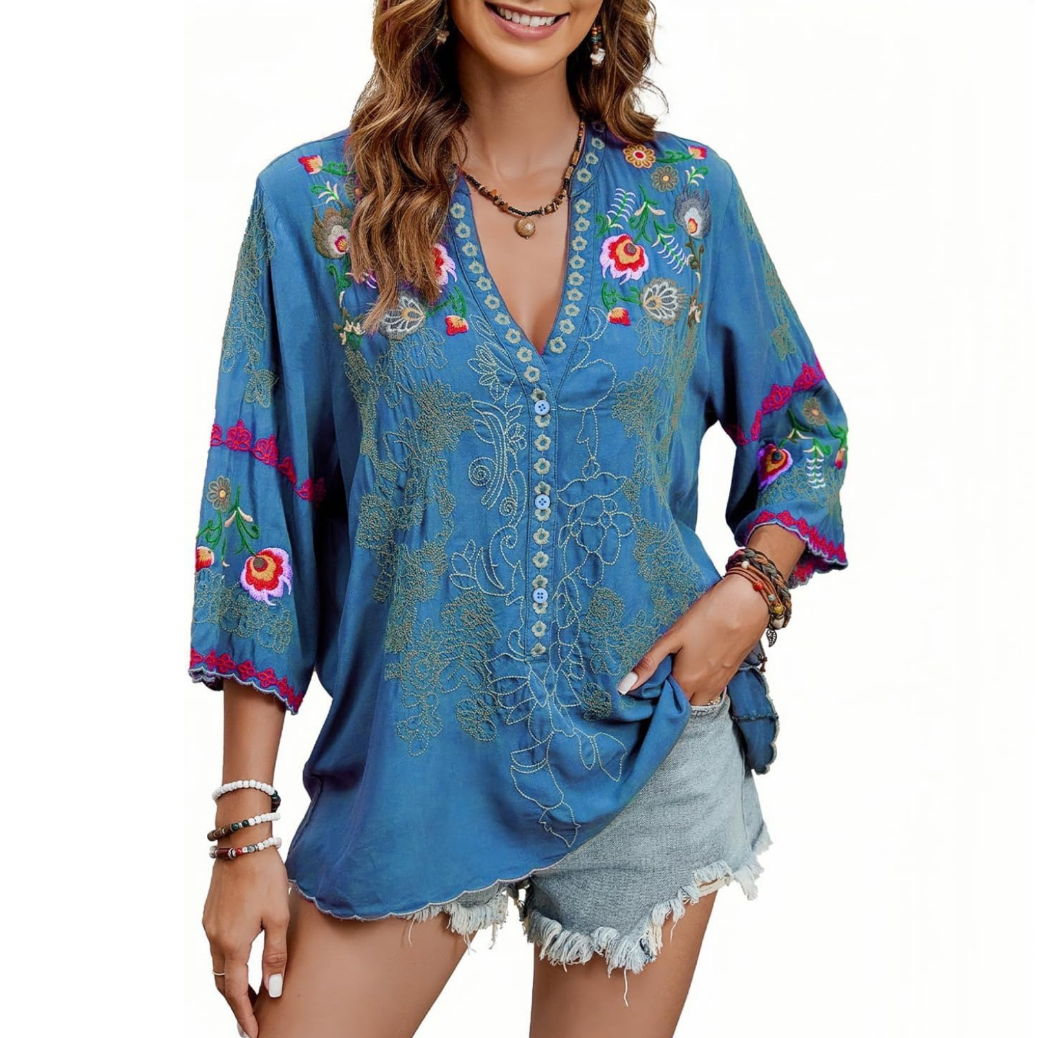 Embroidered Sleeve Boho Tunic Bohemian Tops Blouses For Women