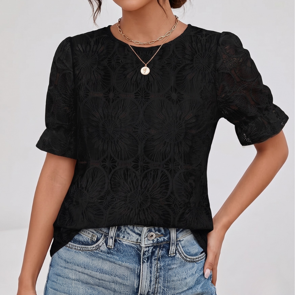 Crochet Floral Short Sleeve Blouse For Women