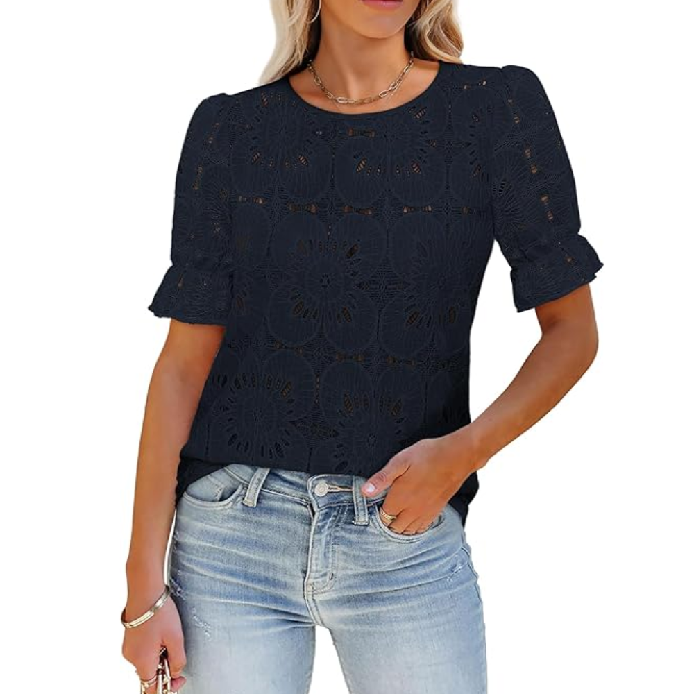 Crochet Embroidered Puff Sleeve Hollow Out Top For Women