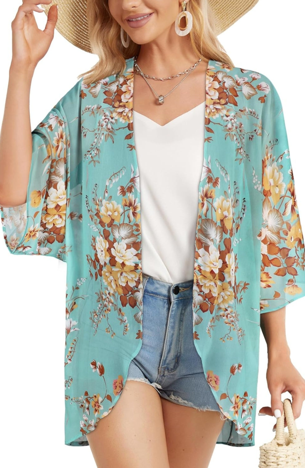 Women Floral Puff Sleeve Kimono Cardigan-My Comfy Blouse