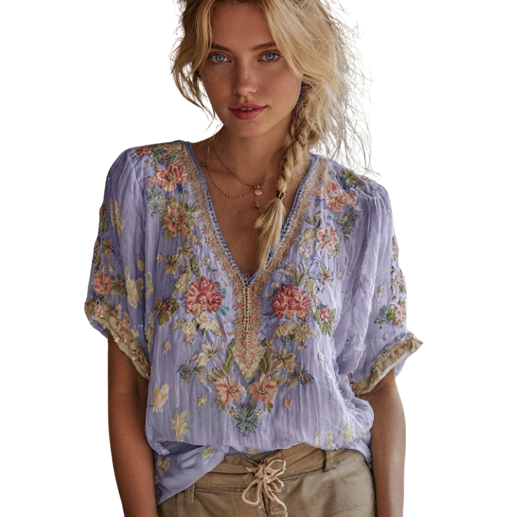 Vintage Floral Print Short Sleeve Top