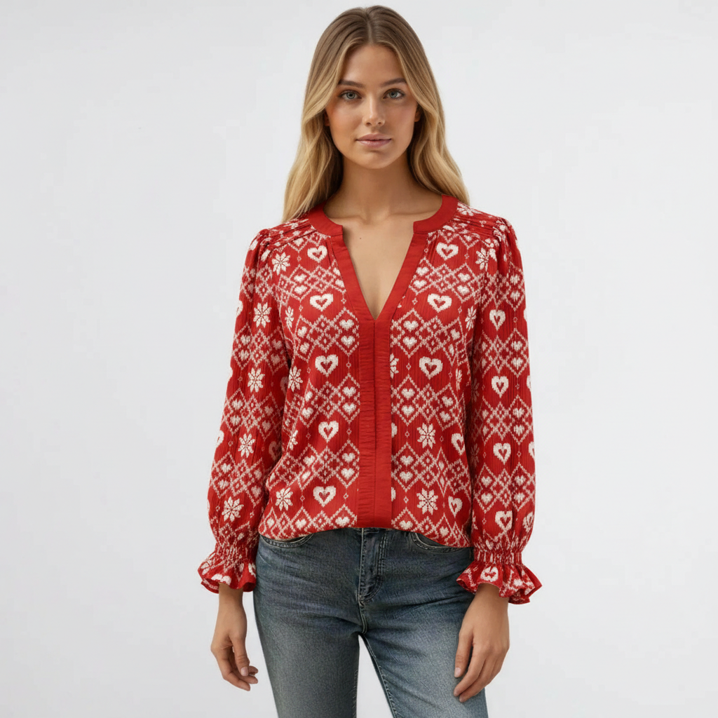 Mixed Snowflake Print Long Sleeve Blouse