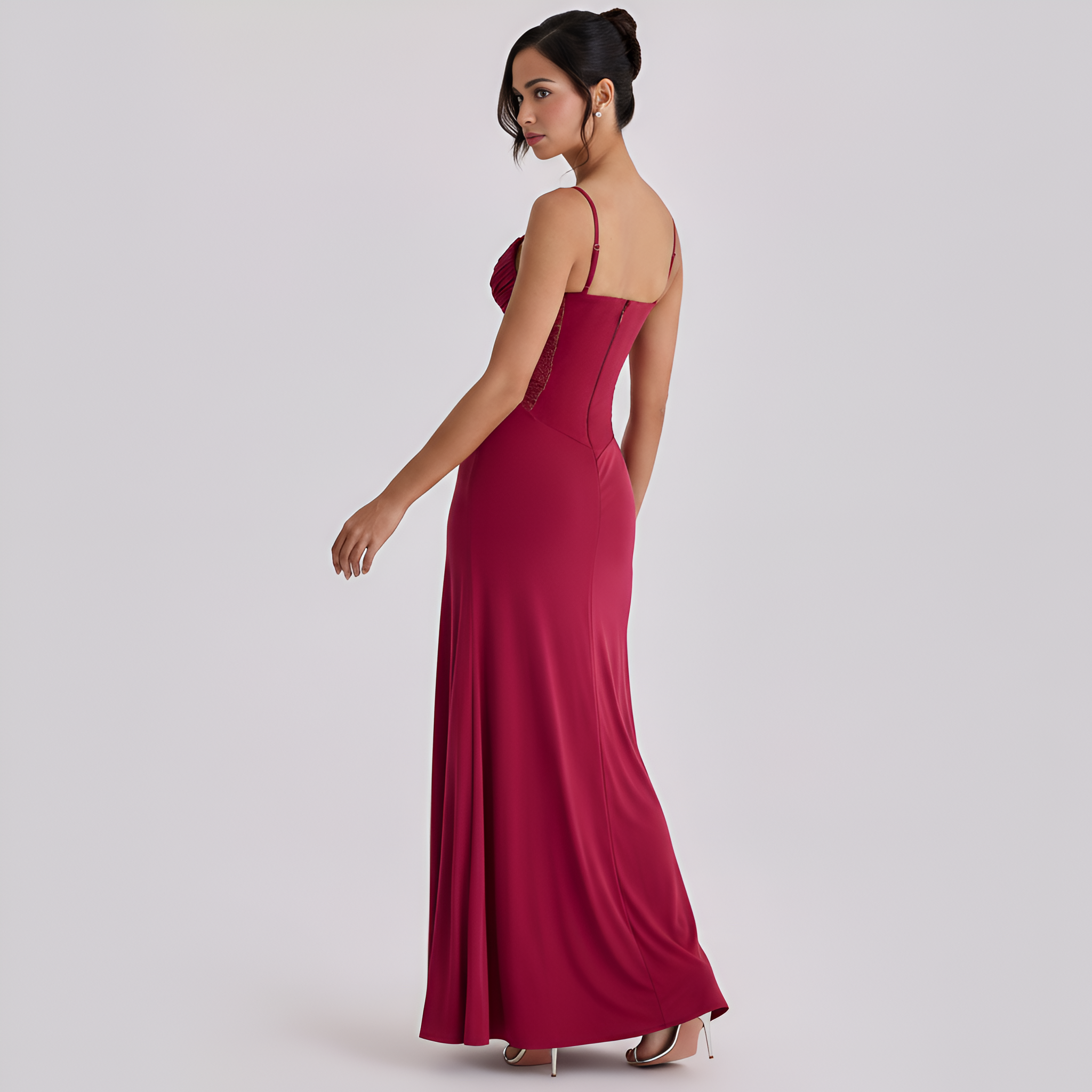 Wine Lace Trim Maxi Dress With Corset And Slit