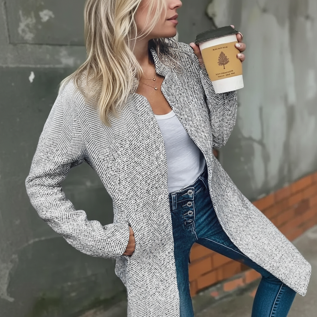 Women Solid Color Pocket Long Sleeve Open Front Coat