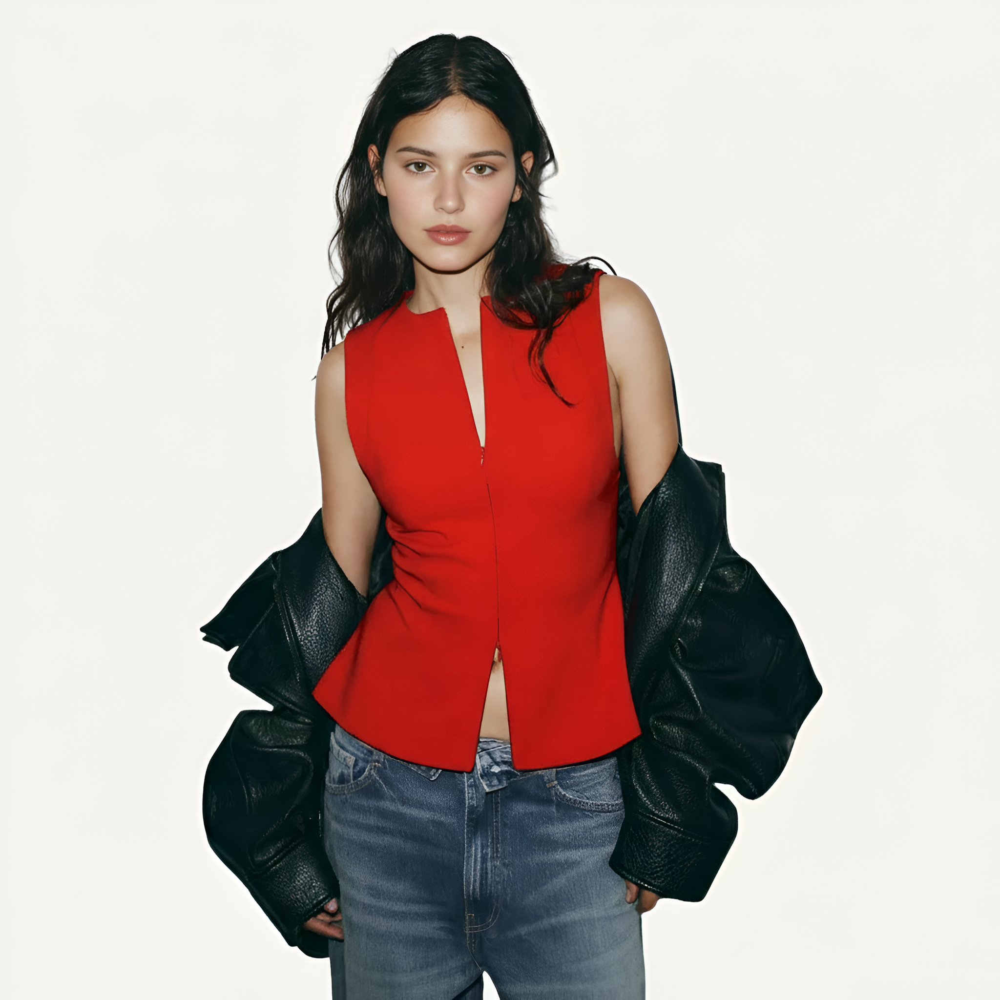 Fitted Sleeveless Zip Front Top With In Seam Zip Front Design