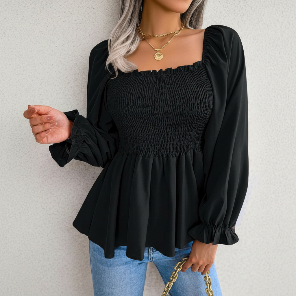 Shirred Square Neck Chiffon Blouse For Women