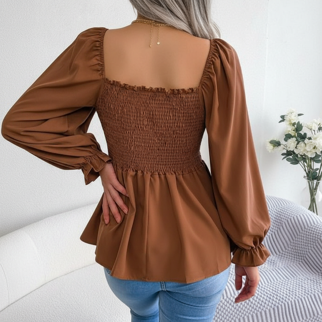 Shirred Square Neck Chiffon Blouse For Women