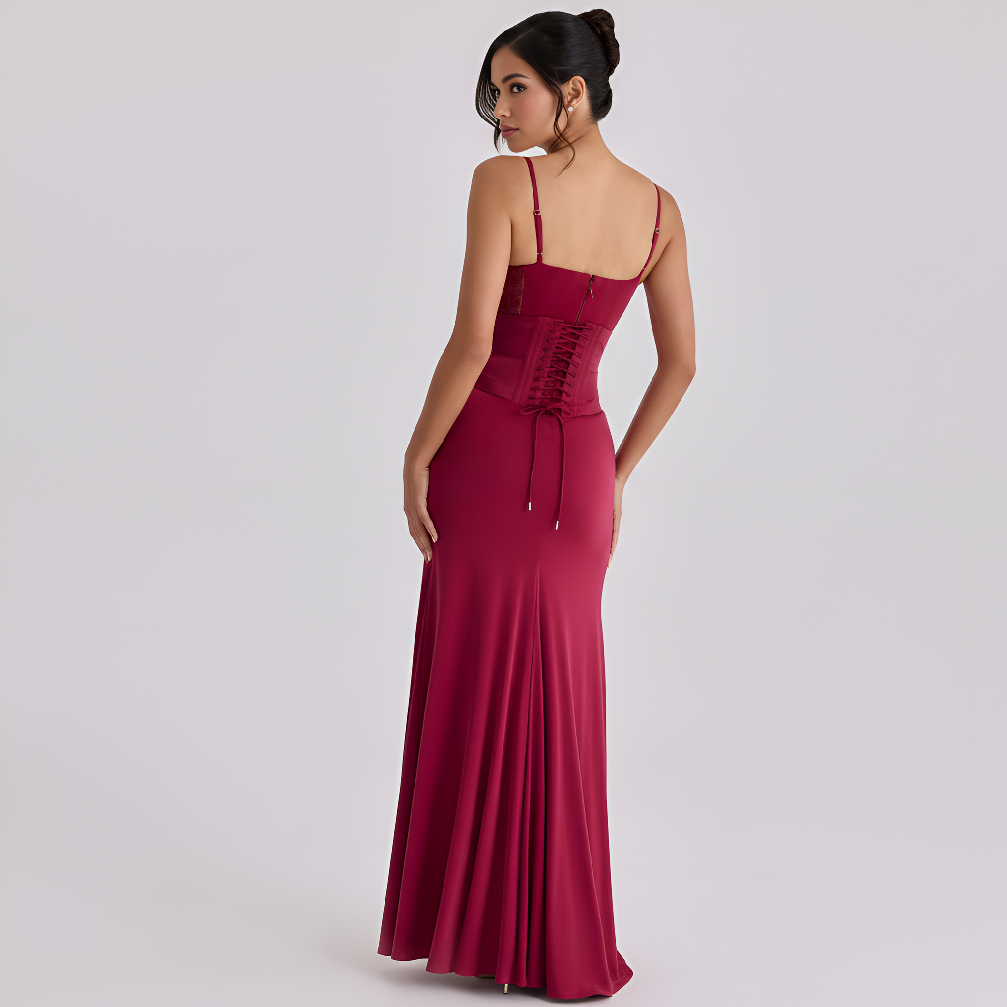 Wine Lace Trim Maxi Dress With Corset And Slit