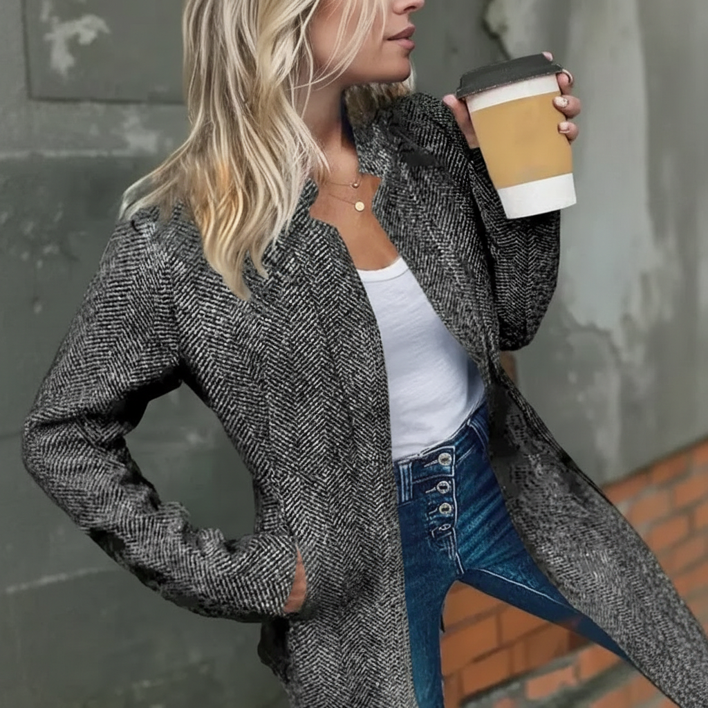 Women Solid Color Pocket Long Sleeve Open Front Coat