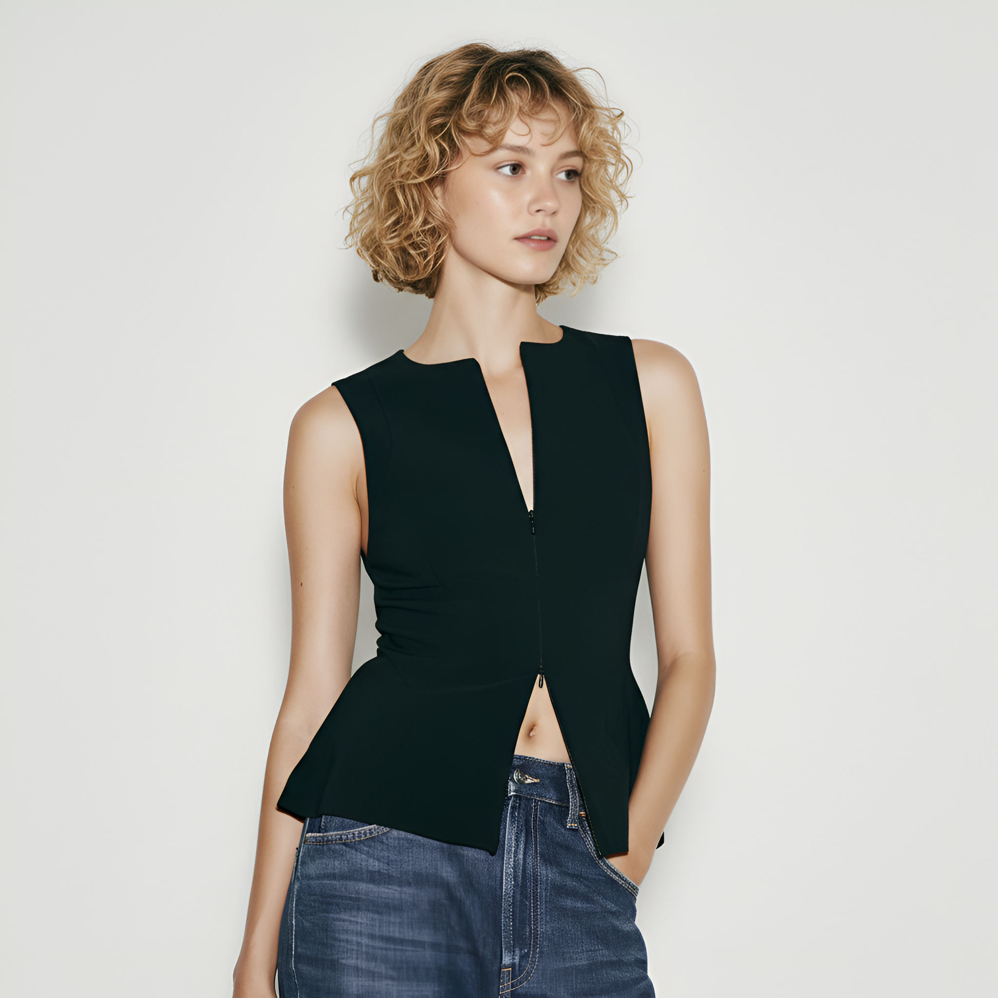 Fitted Sleeveless Zip Front Top With In Seam Zip Front Design