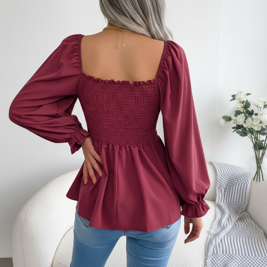 Shirred Square Neck Chiffon Blouse For Women