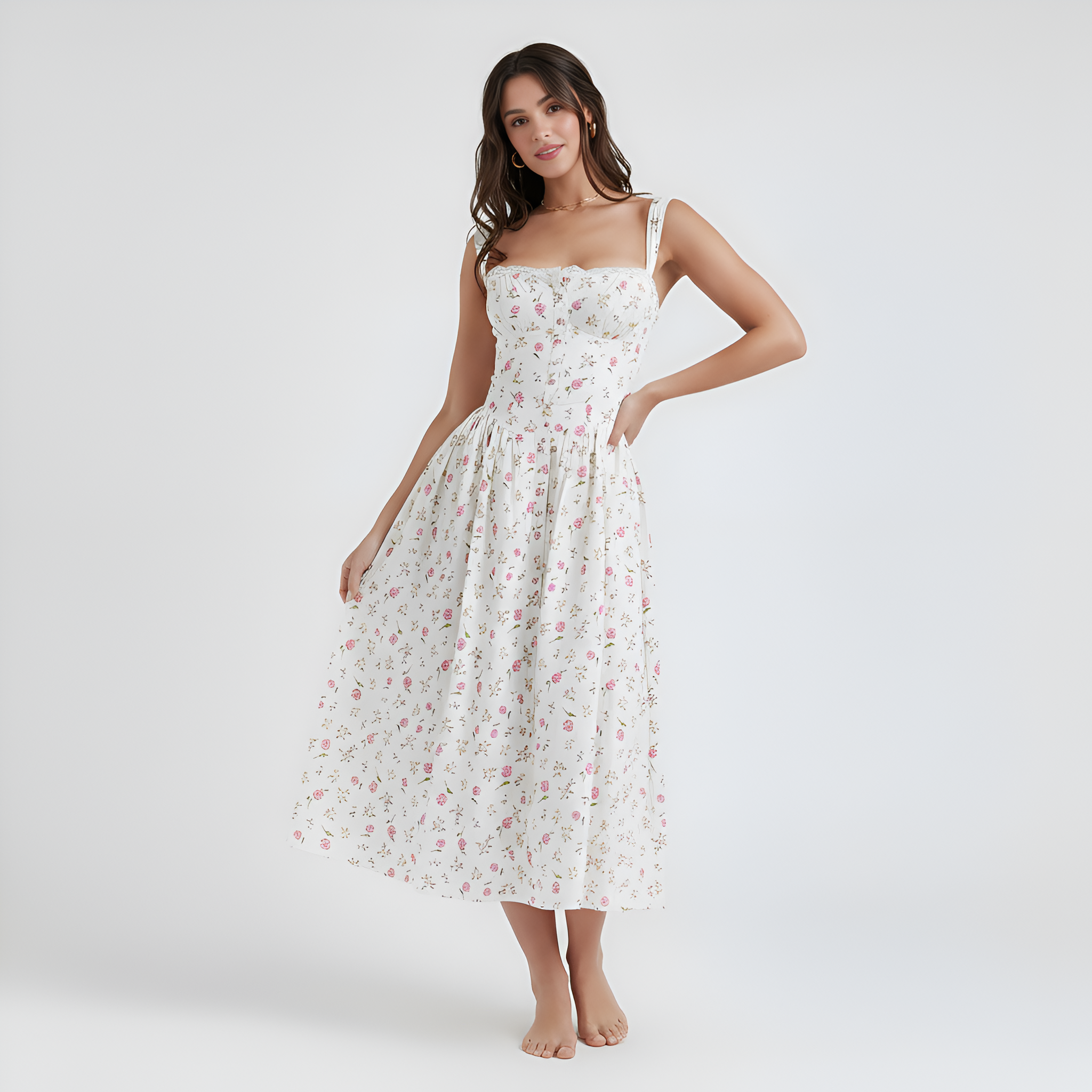 Vintage Floral A Line Corset Midi Dress Summer Sundress