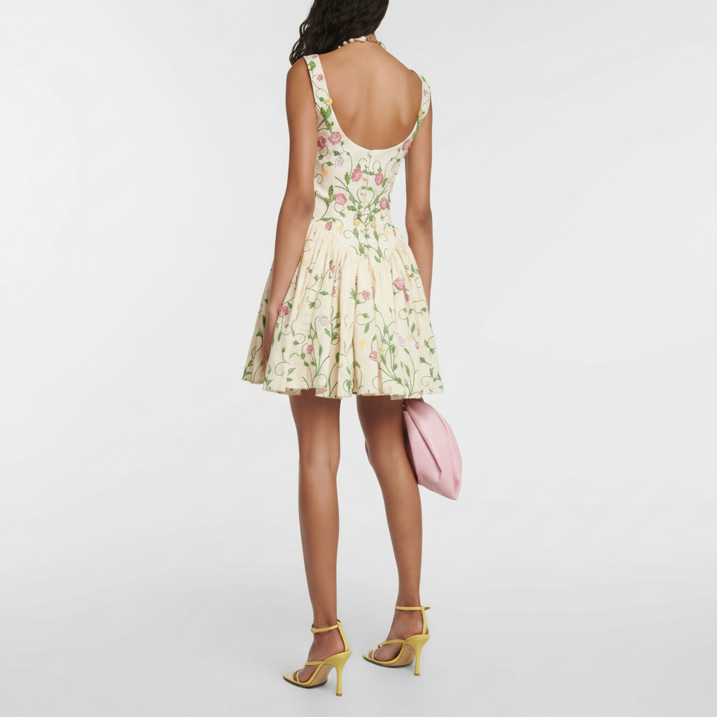 Floral Printed Sleeveless Mini Dress With Low Back Style