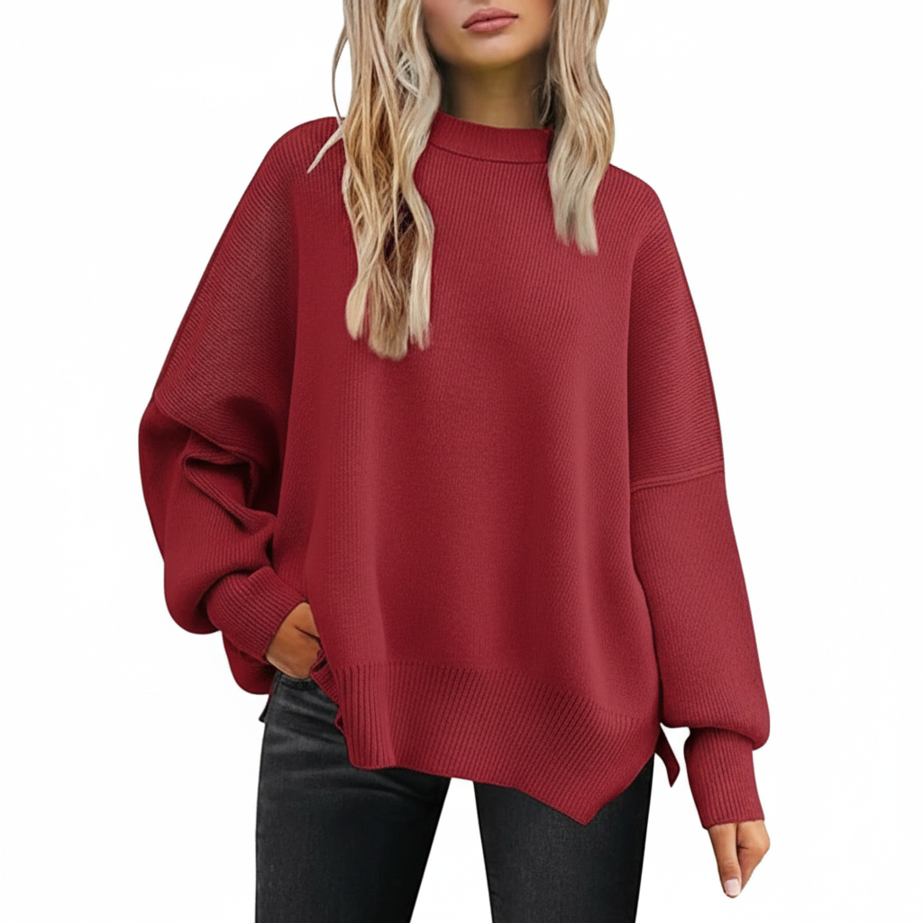 Oversized Batwing Knit Side Slit Pullover Sweater For Women