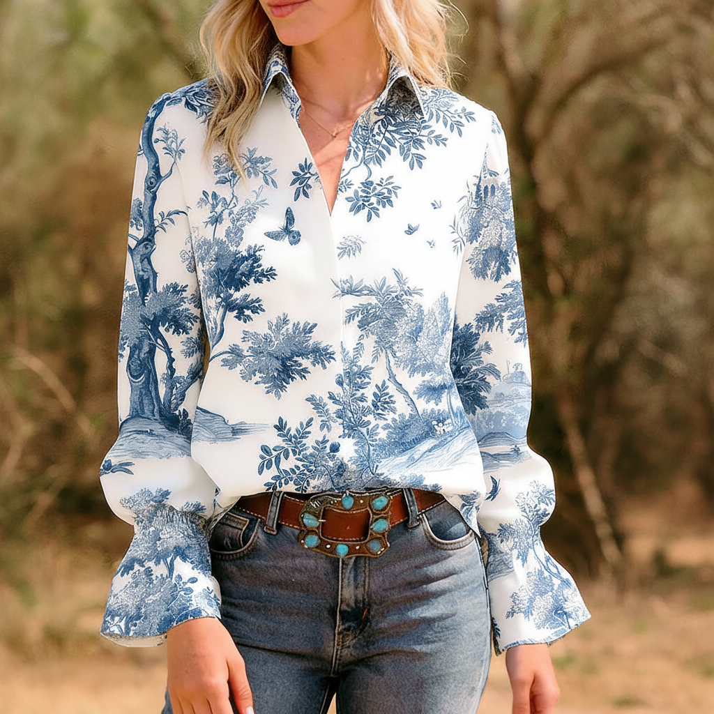 Vintage Toile Print Collared Blouse For Casual Style