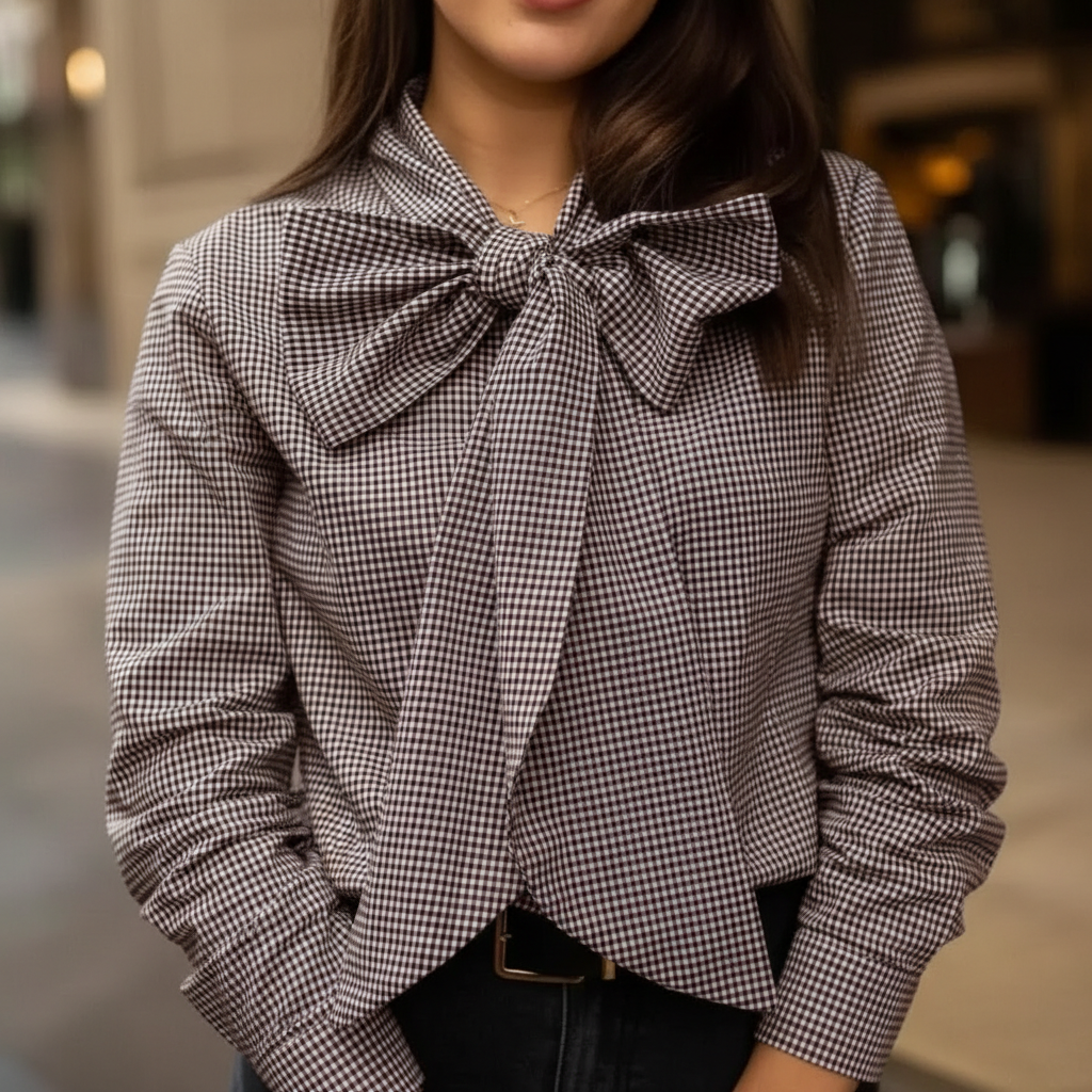 Button Down Long Sleeve Plaid Design Shirt With Bow Tie For Women-My Comfy Blouse