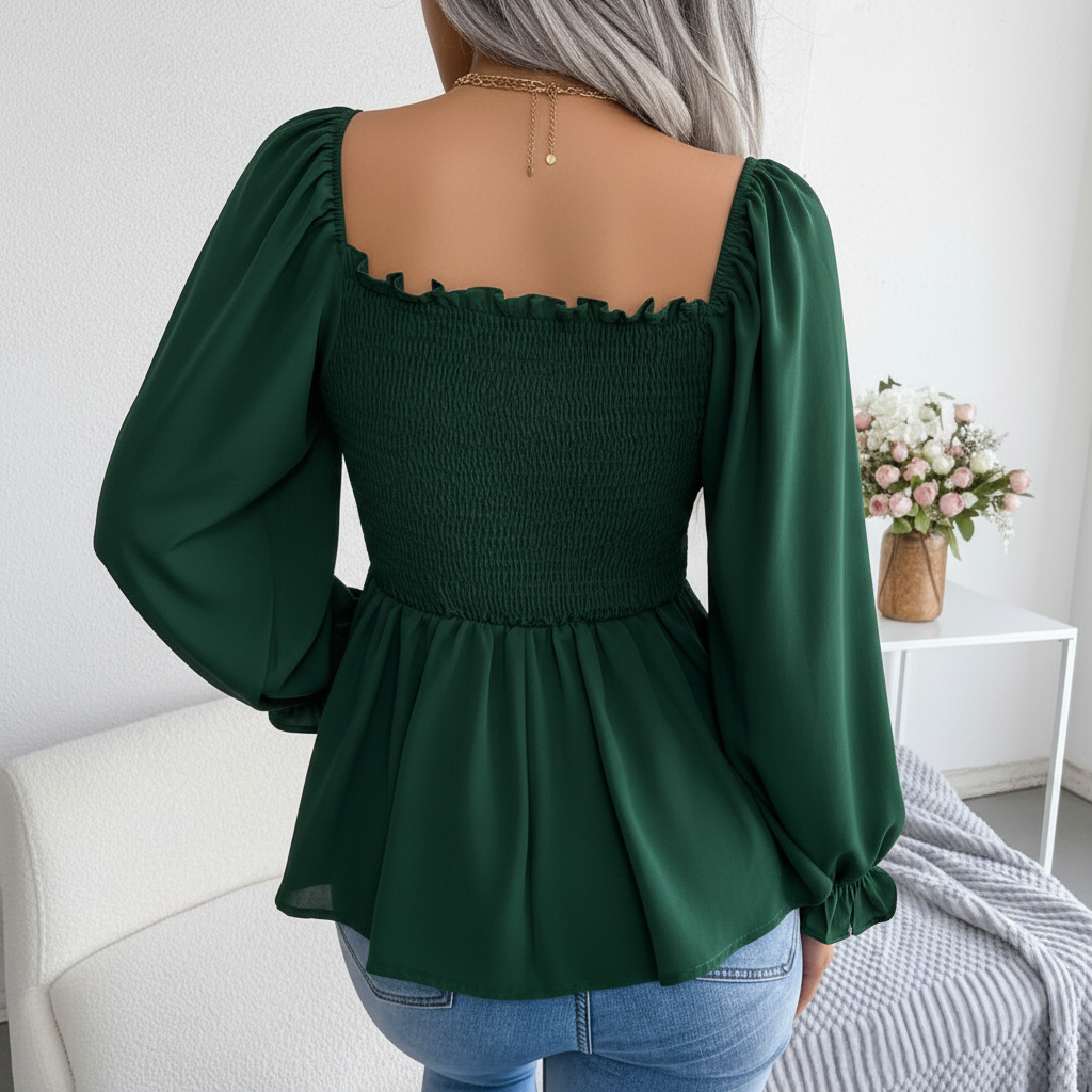 Shirred Square Neck Chiffon Blouse For Women