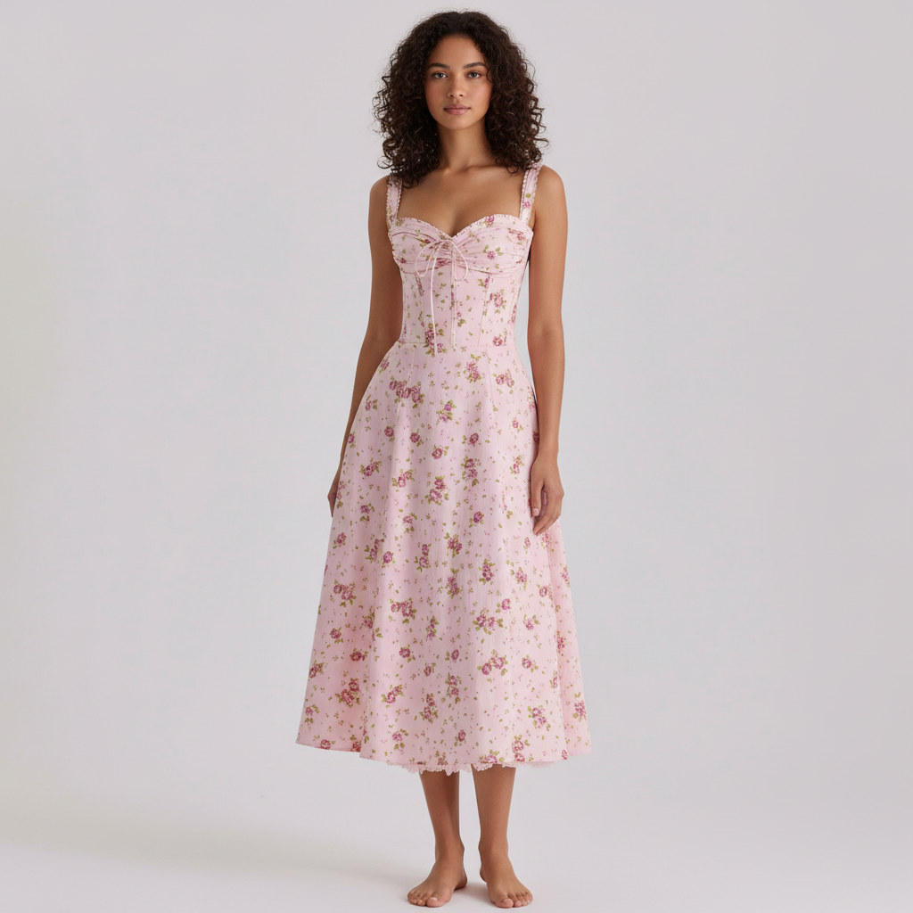 Vintage Rose Floral Print Corset Midi Sundress With Lace Trim Pockets