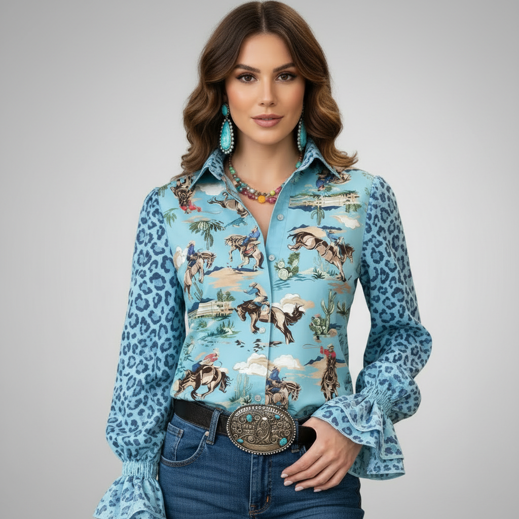 Vintage Rodeo Graphic Themed Blouse With Leopard Sleeve  