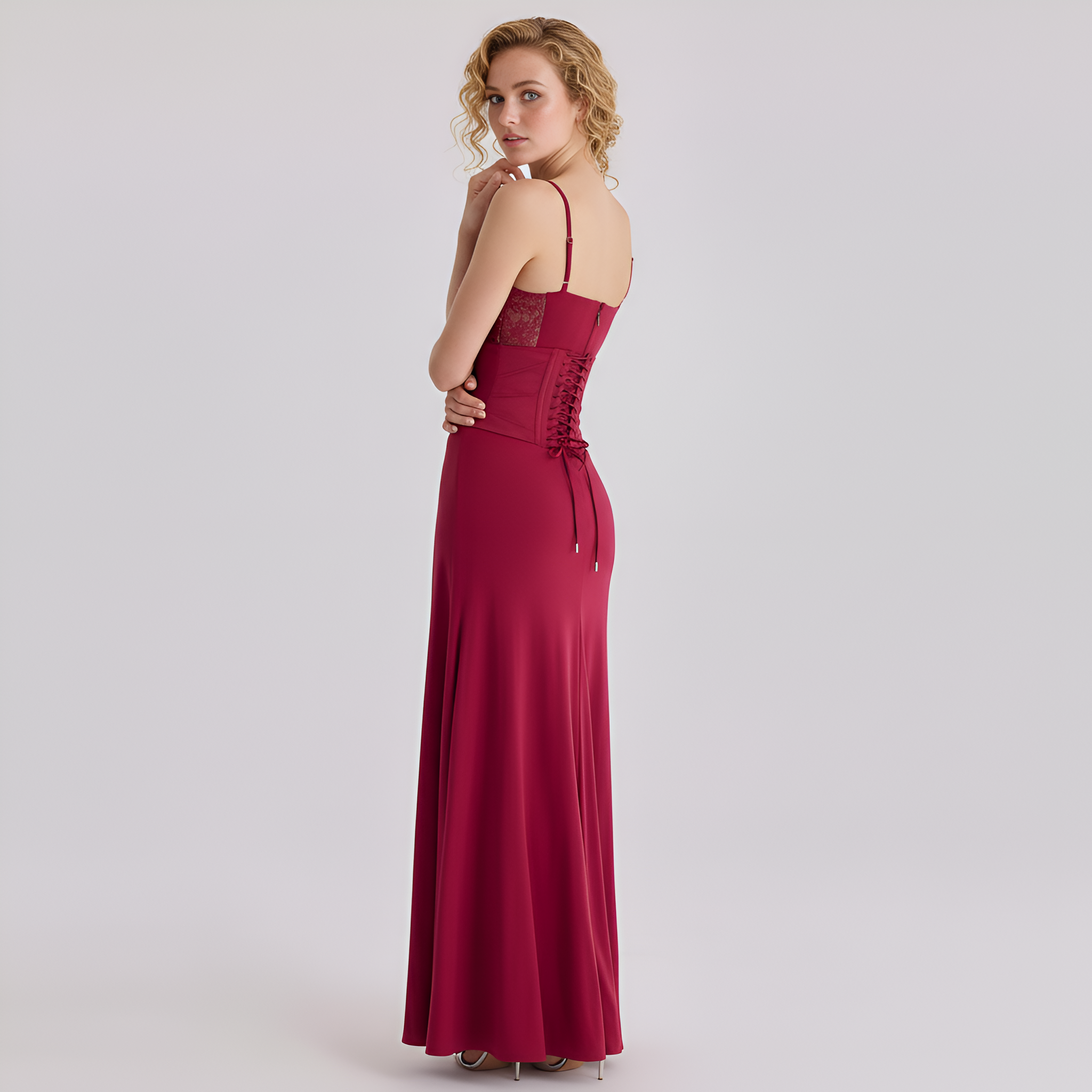Wine Lace Trim Maxi Dress With Corset And Slit