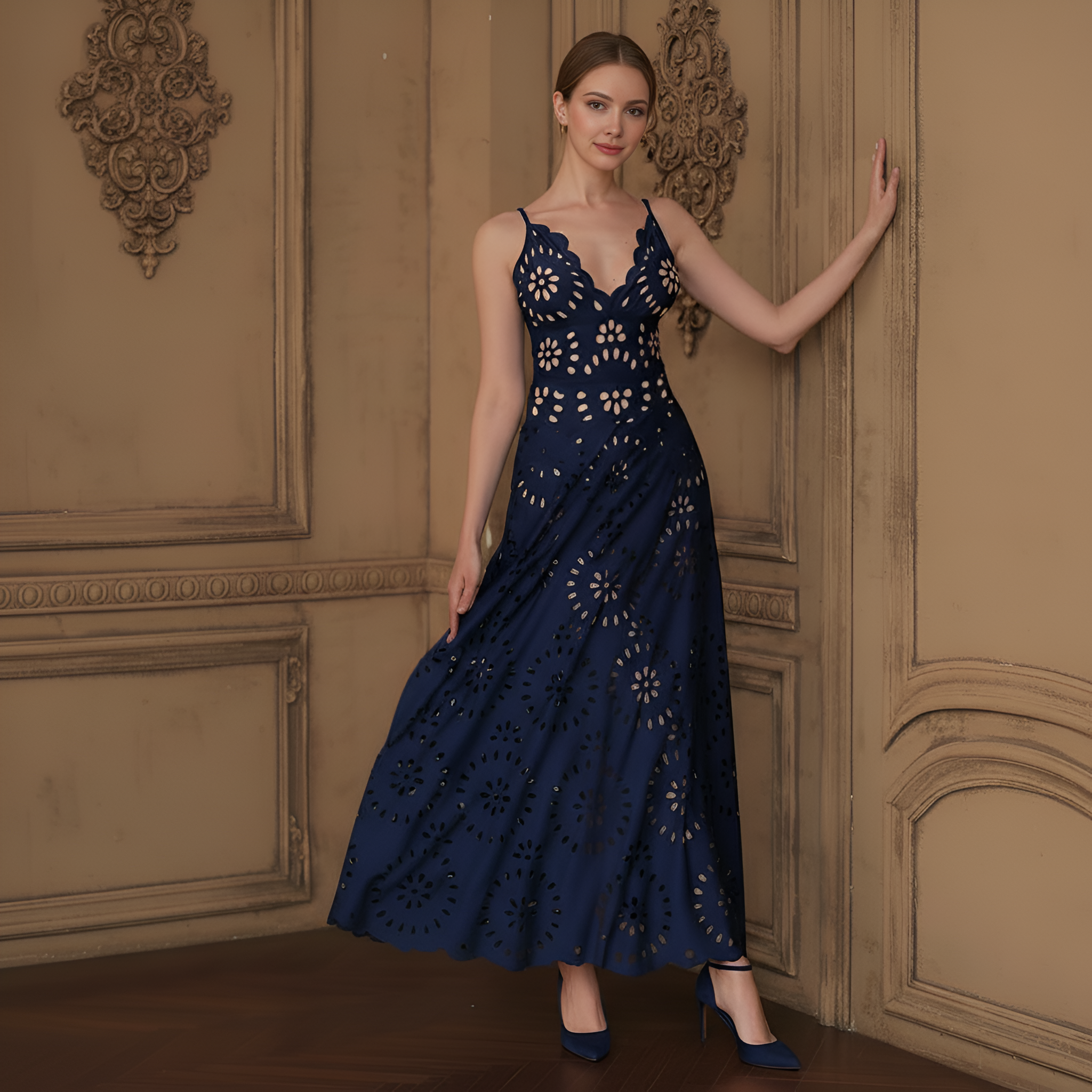 Hollow Design One Piece Swimsuit With Skirt For Women