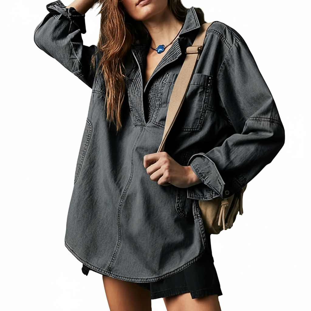 Casual Comfort Button V Neck Blouse Loose Fit Tops