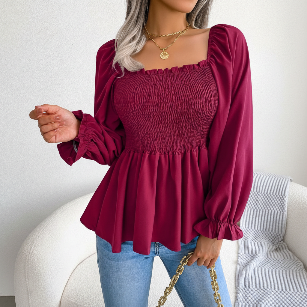 Shirred Square Neck Chiffon Blouse For Women