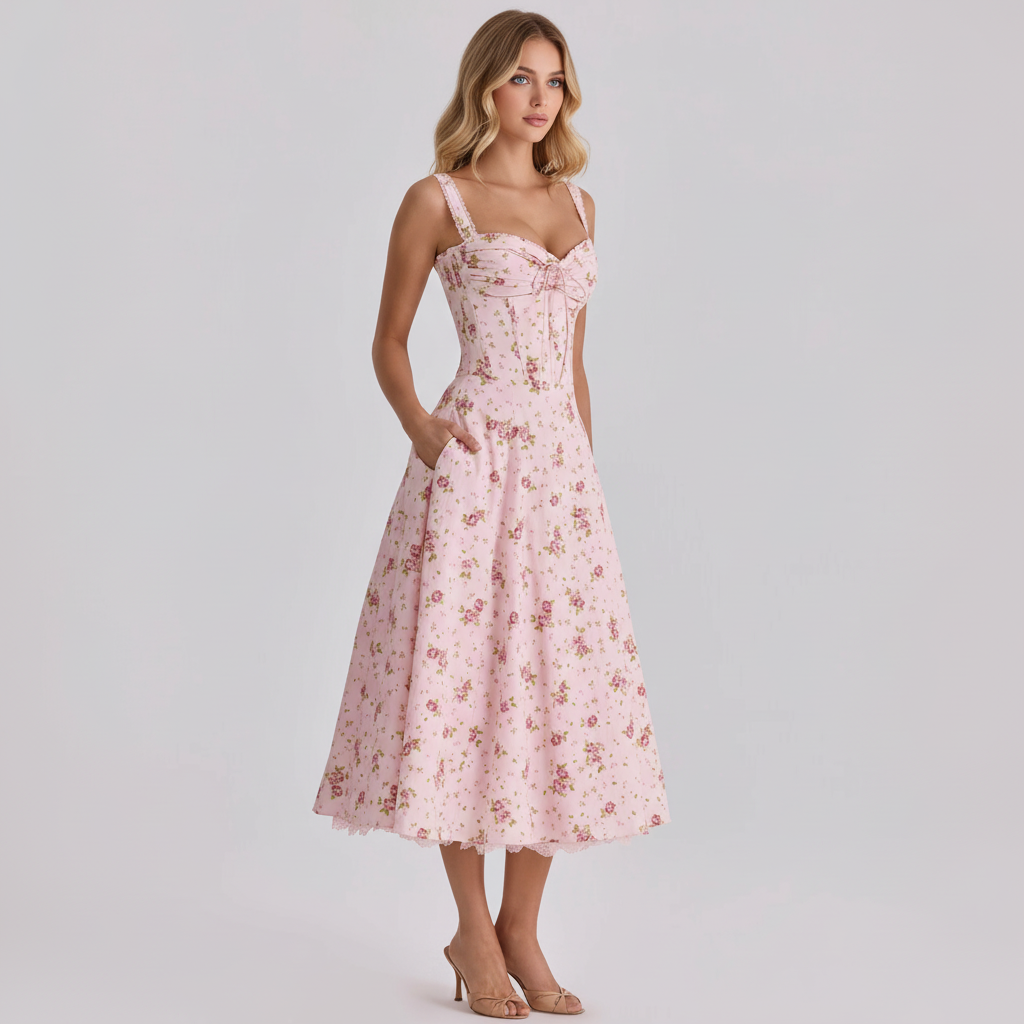 Vintage Rose Floral Print Corset Midi Sundress With Lace Trim Pockets