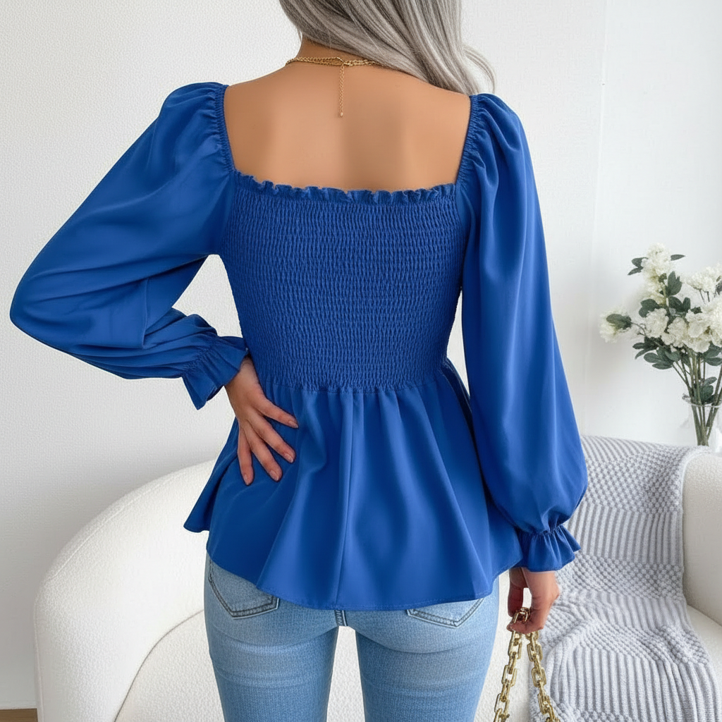 Shirred Square Neck Chiffon Blouse For Women