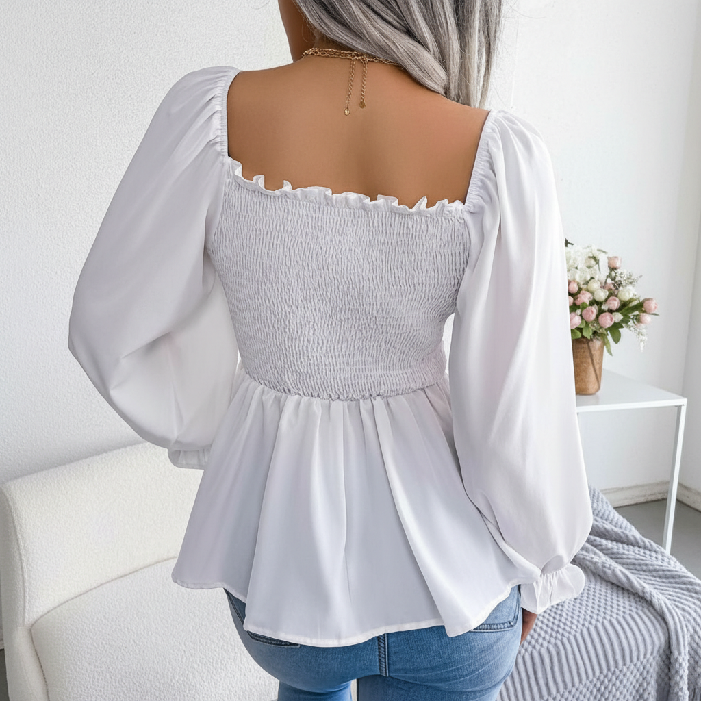 Shirred Square Neck Chiffon Blouse For Women