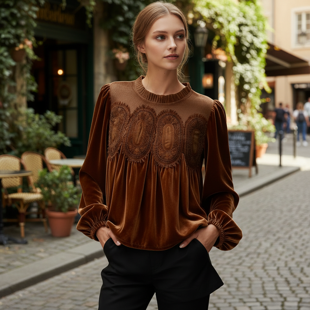 Long Sleeve Velvet Trim Lace Blouse Elegant Flared Swing Top For Women