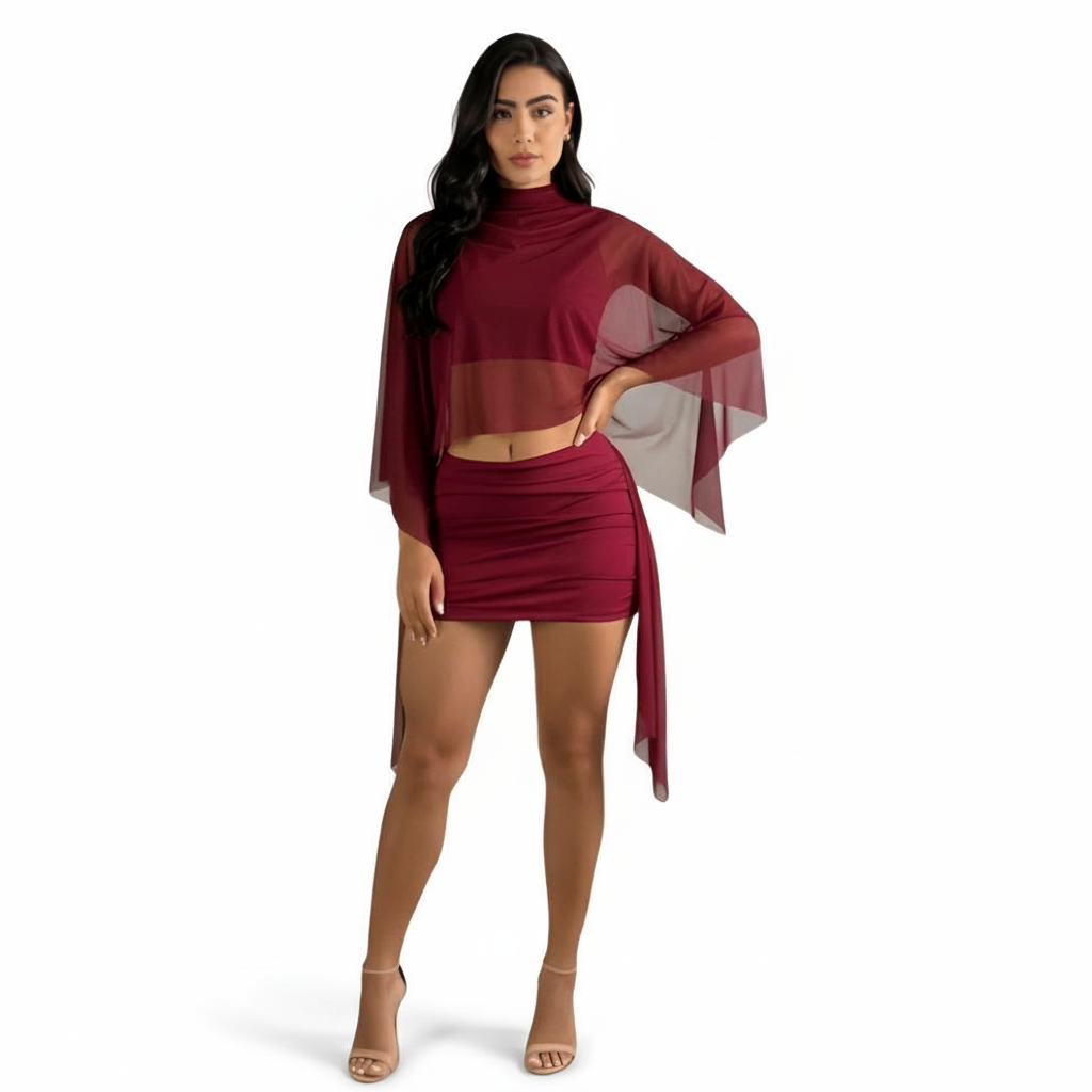 2 Piece Supplex Ana Set With Tulle Overlay And Draped Skirt-My Comfy Blouse