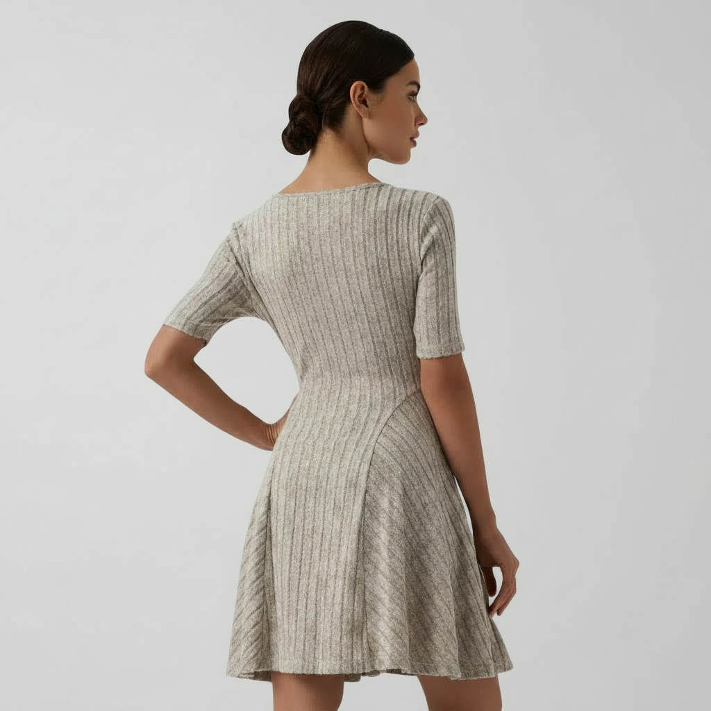 Ribbed Knit V Neck Long Sleeve Flare Mini Casual Dress