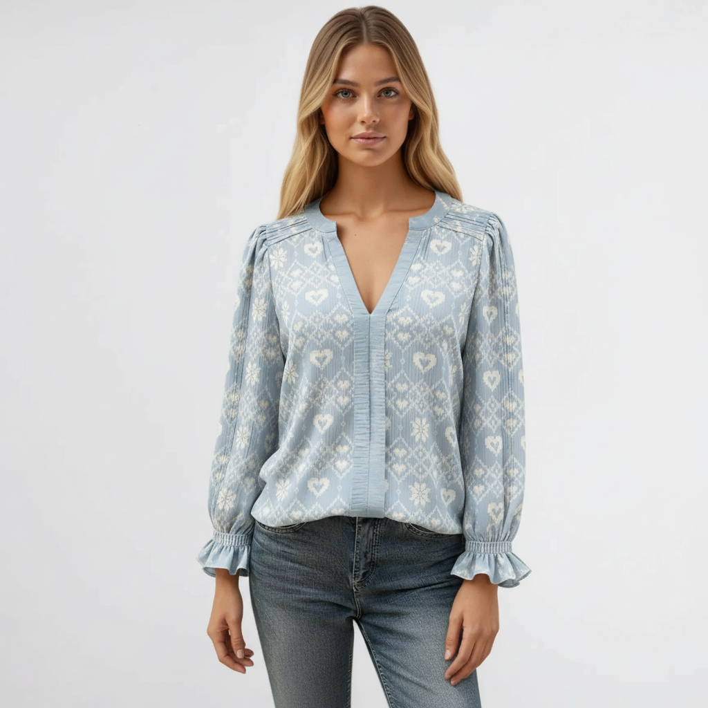 Mixed Snowflake Print Long Sleeve Blouse