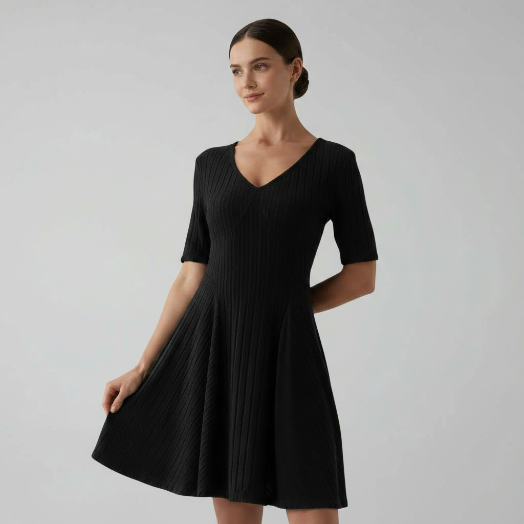 Ribbed Knit V Neck Long Sleeve Flare Mini Casual Dress