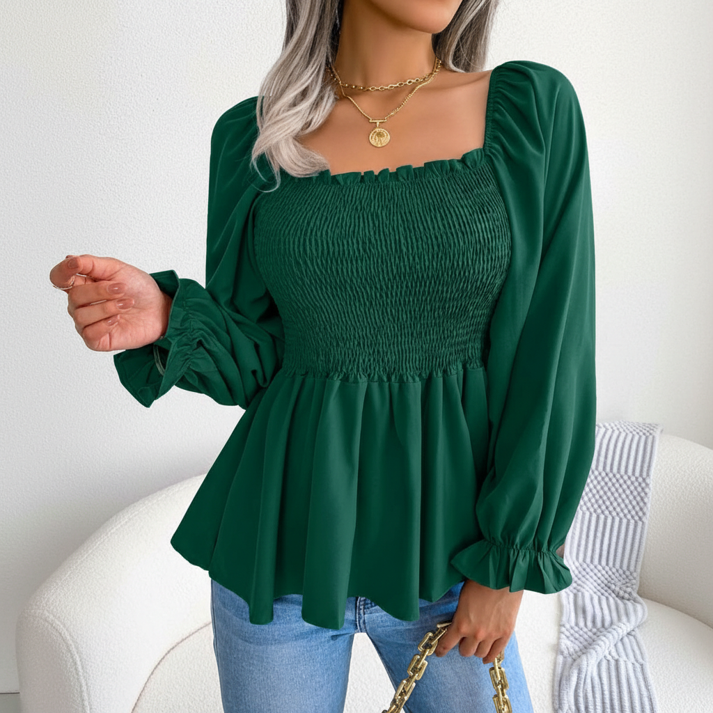 Shirred Square Neck Chiffon Blouse For Women