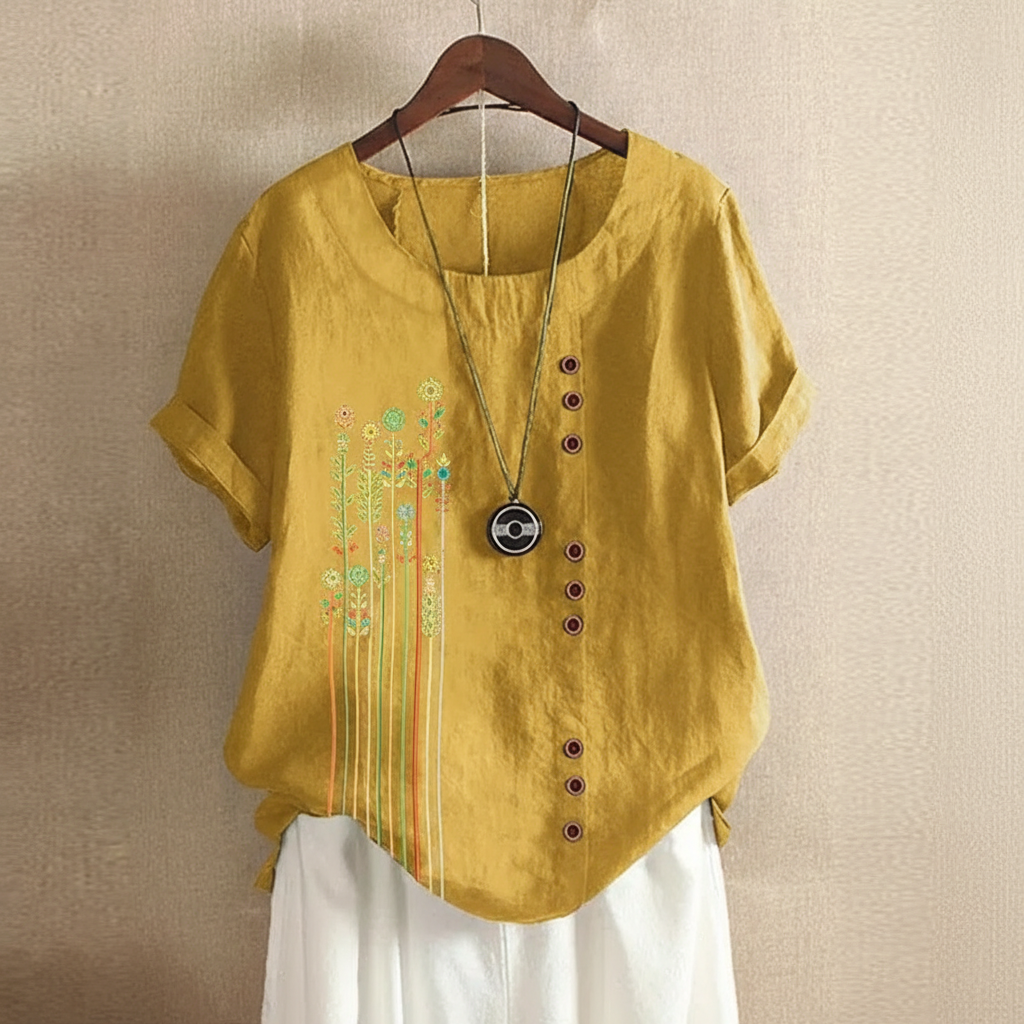 Leaf Patch Button Summer Blouse