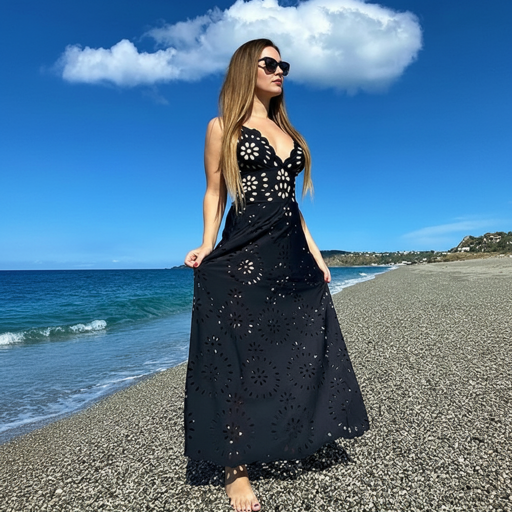 Hollow Design One Piece Swimsuit With Skirt For Women