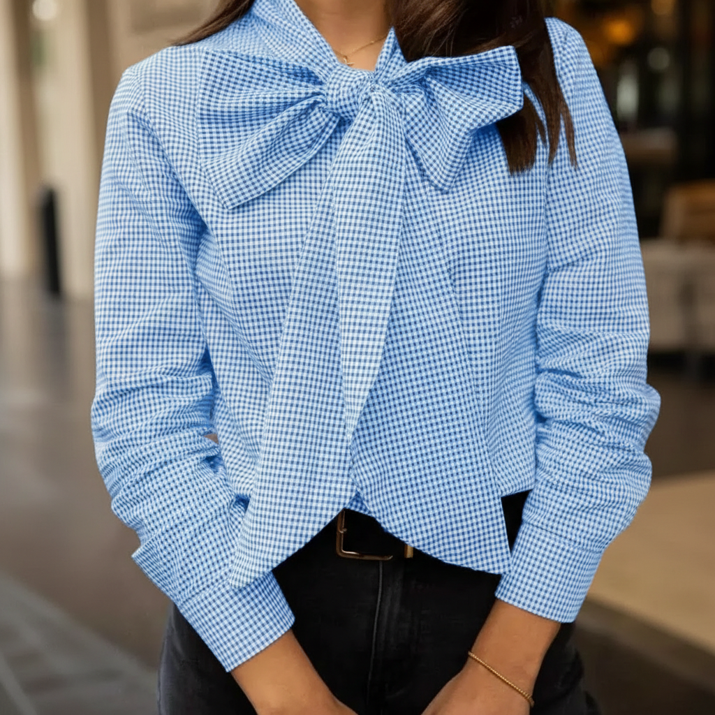 Button Down Long Sleeve Plaid Design Shirt With Bow Tie For Women-My Comfy Blouse