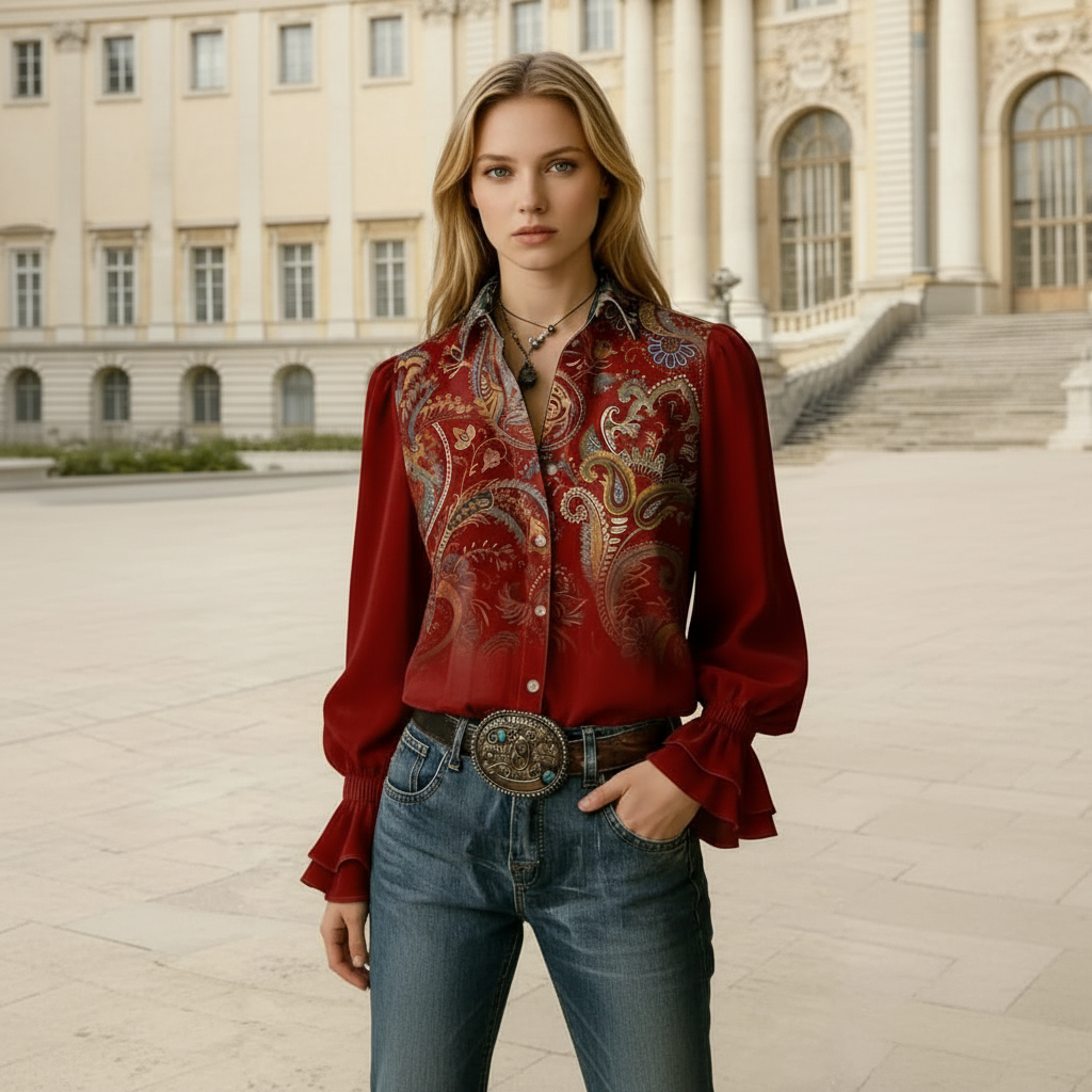 Retro Floral Print Flared Cuff Blouse