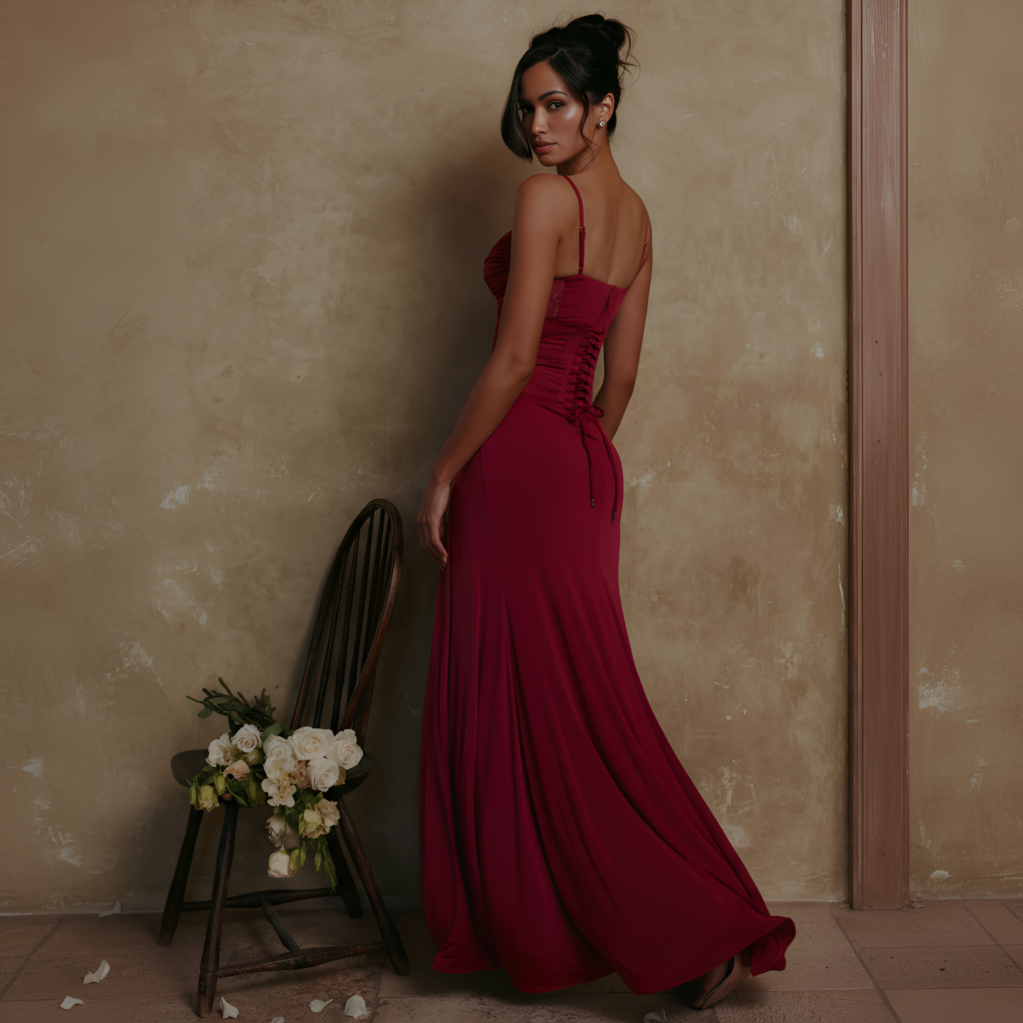Wine Lace Trim Maxi Dress With Corset And Slit