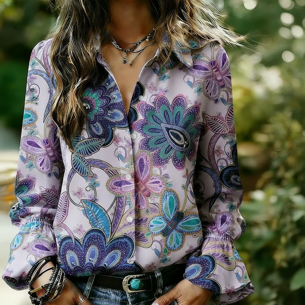 Retro Floral Print Collared Blouse For Casual Style