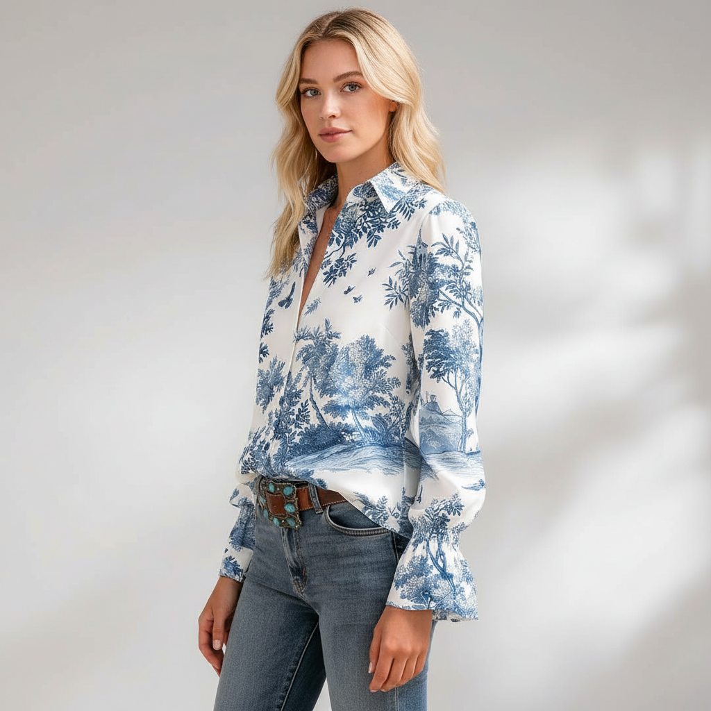 Vintage Toile Print Collared Blouse For Casual Style